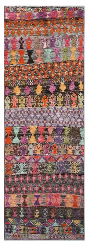 Taimany - Tappeto Passatoia Tribale in Lana Multicolore - Fatto a Mano 248x78cm