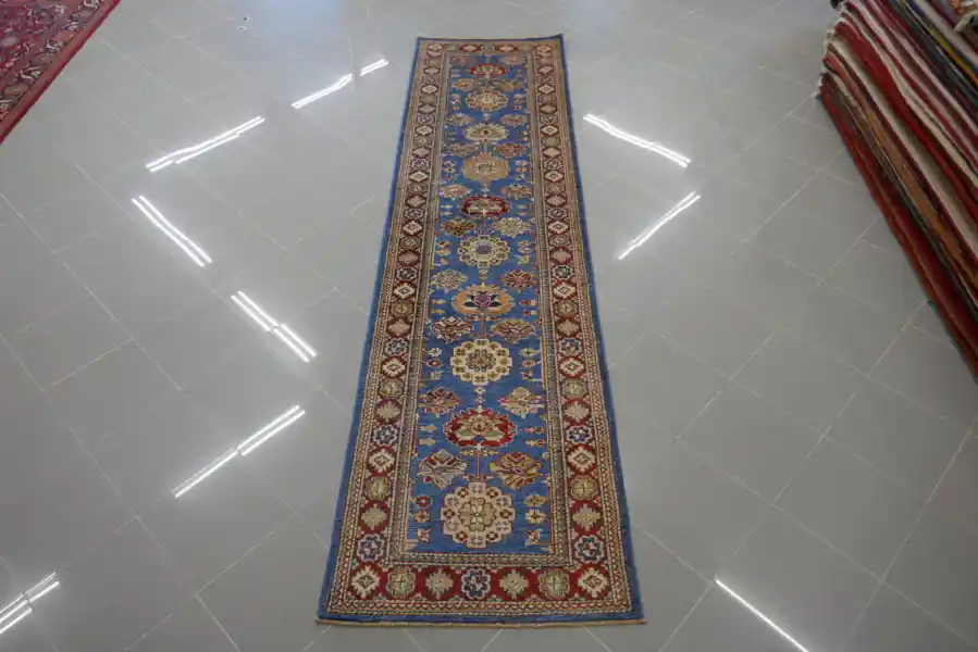 Passatoia Uzbek Kazak Extra Fondo Azzurro 299×76-N.13161