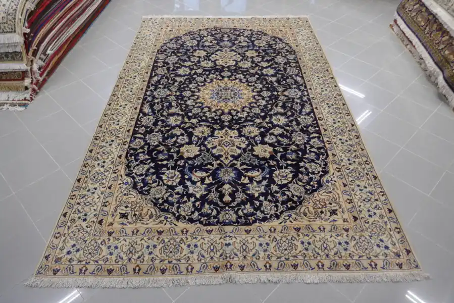 Tappeto Nain 9 Fili Misto Seta Fondo Blu Da Sala 315×200-N.13497