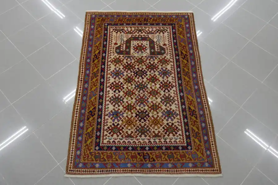 Tappeto Caucasico Daghestan a Preghiera Fondo Avorio Turchia 147×103-N.AH