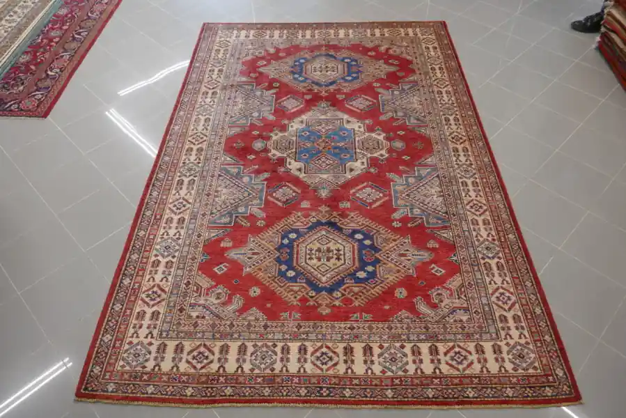 Tappeto Salotto Uzbek Kazak Extra Fondo Rosso 268×180-N.13189