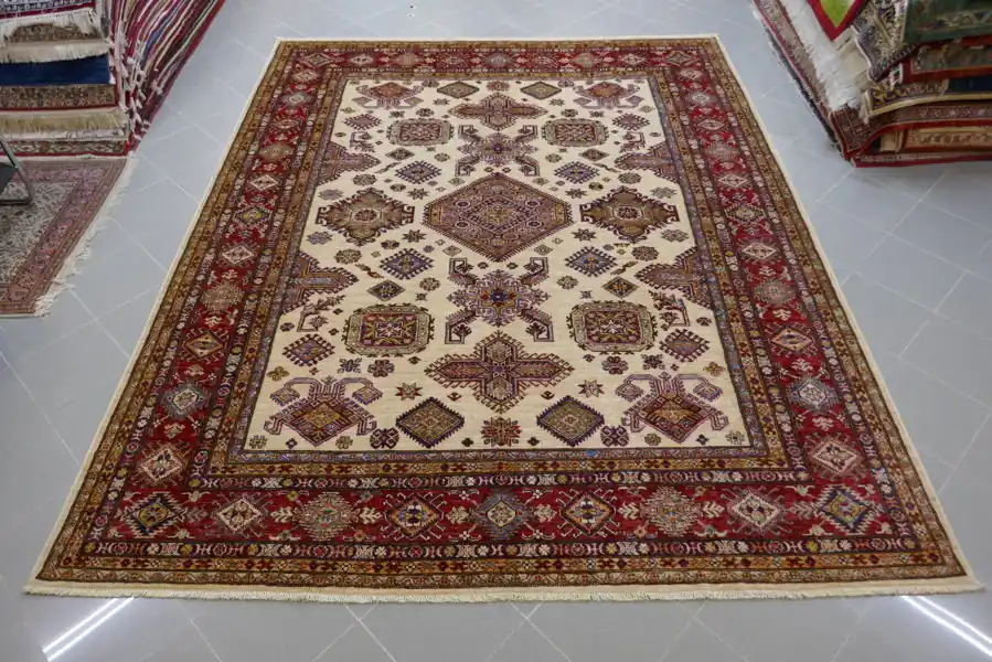 Tappeto Salotto/Sala Uzbek Kazak Extra Fondo Avorio 311×250-N.13180