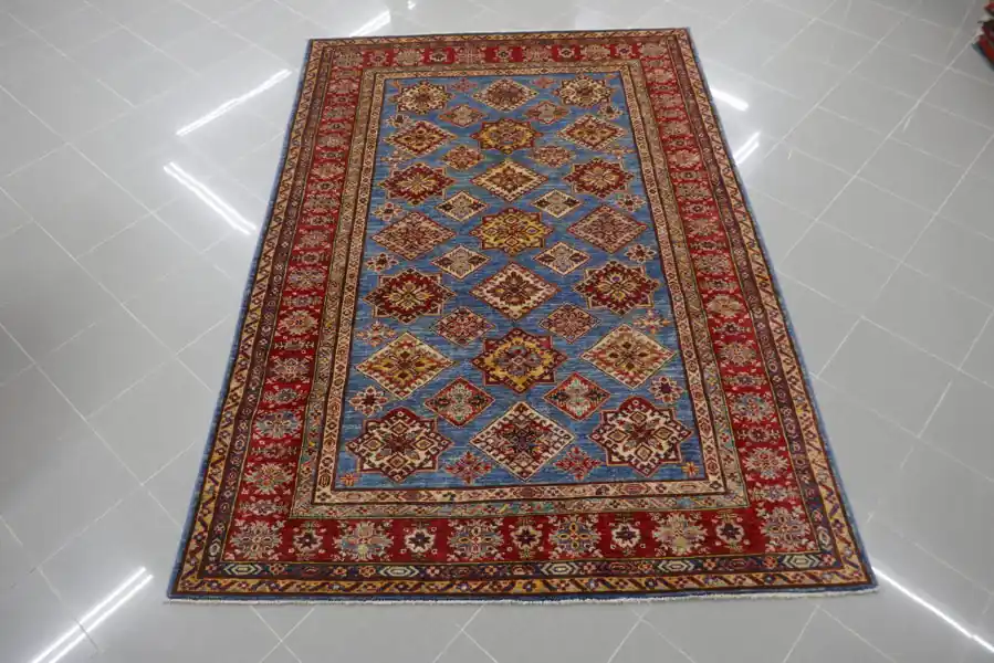 Tappeto Salotto Uzbek Kazak Extra Fondo Azzurro 252×173-N.13137