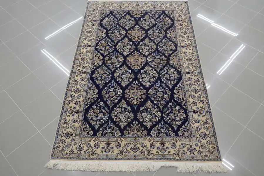 Tappeto Nain 6 Fili,Extrafine Misto Seta Fondo Blu Senza il Medaglione 208×133-N.14020