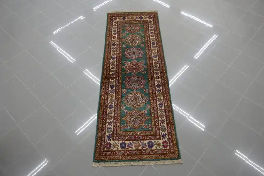 Passatoia Fondoletto Uzbek Kazak Extra Fondo Verde 221×77-N.13022