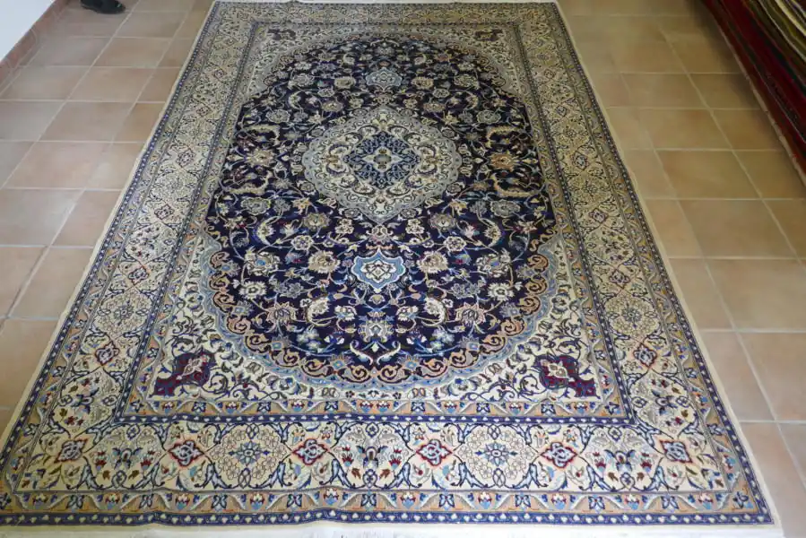 Tappeto Nain 9 Fili, Fine Fondo Blu Persia 305×198-N.12002