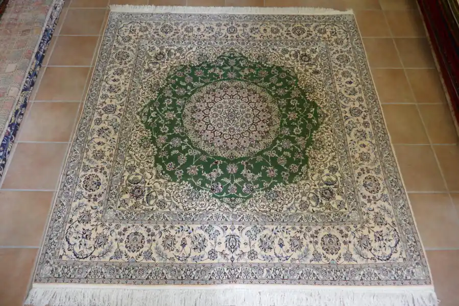 Tappeto Nain 6 Fili, Extrafine Misto Seta Quadrato Fondo Verde 208×202-N.12159