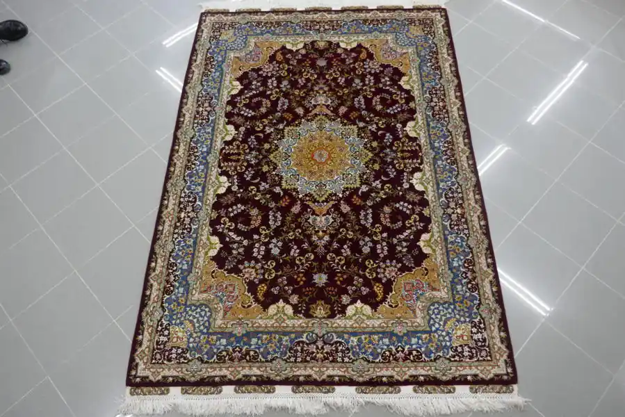 Tappeto Tabriz 60 Raj,Misto Seta,Extrafine Fondo Bordeaux 215×148-N.12023