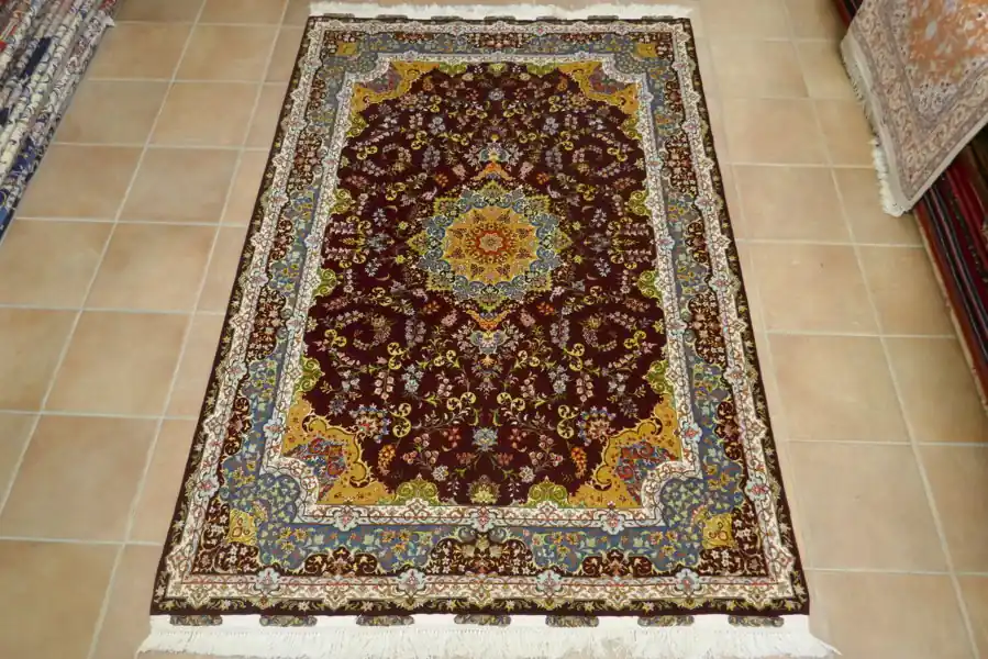 Tappeto Tabriz 60 Raj, Misto Seta, Extrafine Fondo Bordeaux 219×149-N.12110