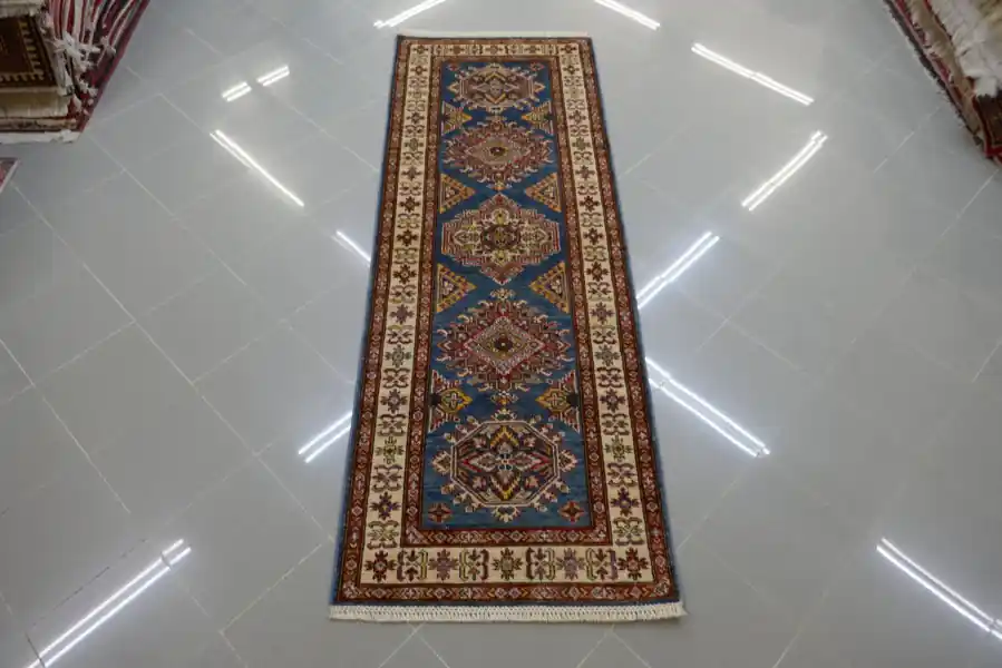 Passatoia Fondoletto Uzbek Kazak Extra Fondo Azzurro 226×80-N.14735