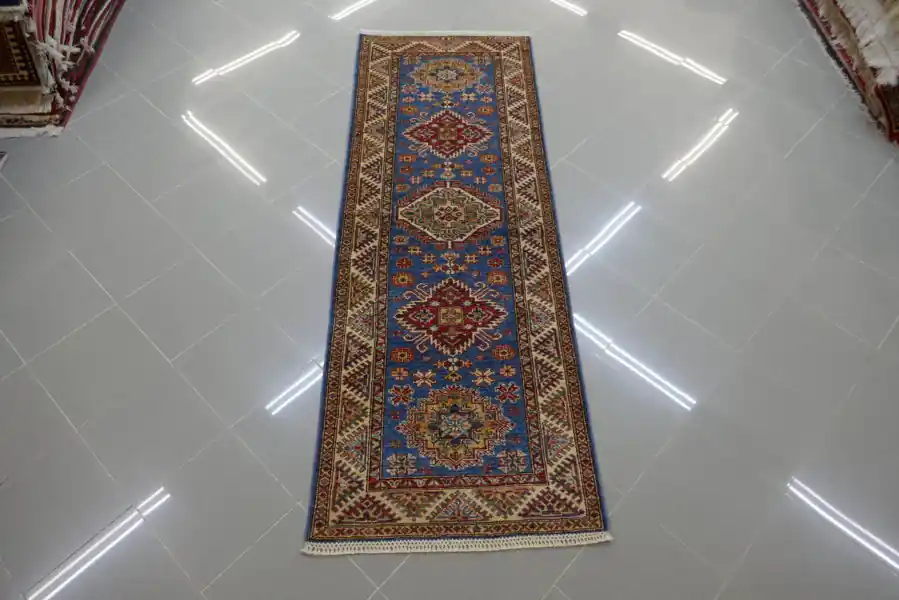 Passatoia Fondoletto Uzbek Kazak Extra Fondo Azzurro 219×77-N.14736