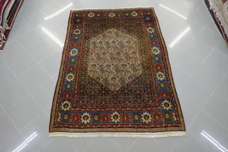 AnticoTappeto Persiano Senneh Fondo Avorio Blu 200×140-N.10793