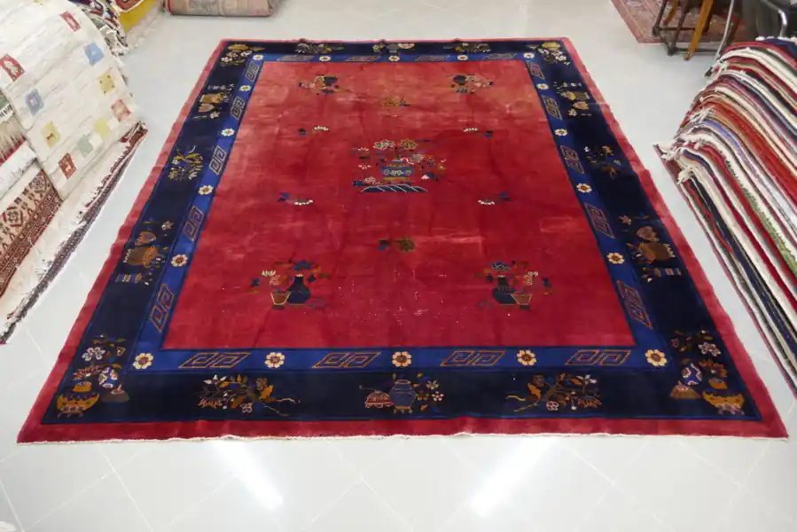 Antico Tappeto Pechino Déco Vintage Cina Fondo Rosso 347×284-N.15008