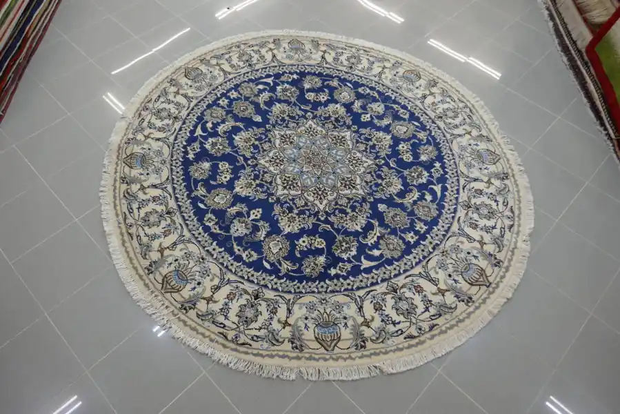 Tappeto Nain Rotondo Fondo Azzurro Diametro 200 cm-N.14830