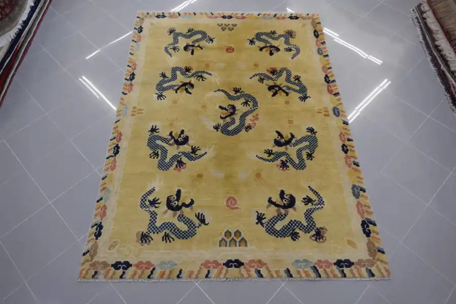 Tappeto Cinese Ningxia a Draghi Antico Fondo Chiaro 217×155-N.14939