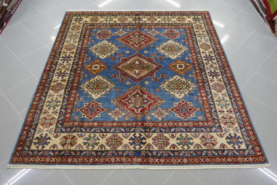 Tappeto Uzbek Kazak Extra Quadrato Fondo Azzurro 194×185-N.14778