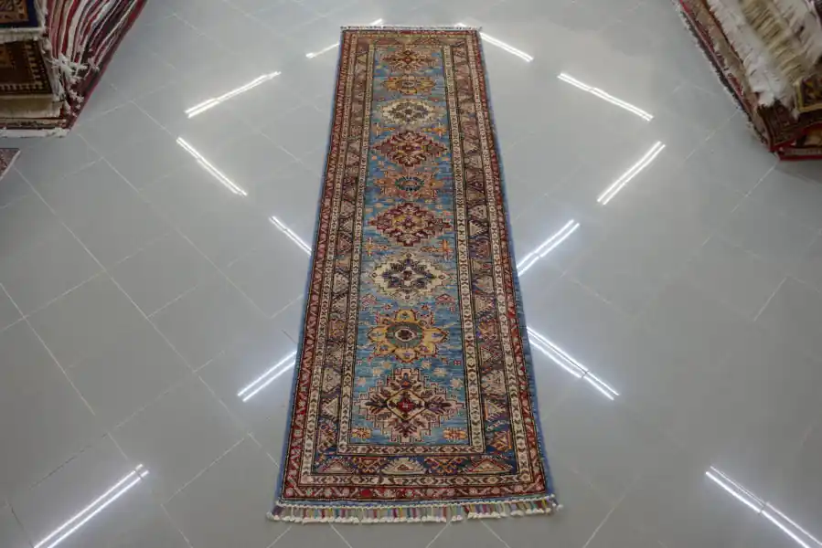 Passatoia Uzbek Kazak Extra Fondo Azzurro 263×78-N.14737