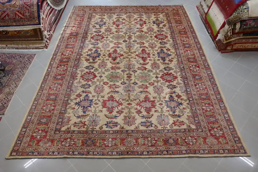 Grande Tappeto Salotto/Sala Uzbek Kazak Extra Fondo Avorio 370×284-N.14720