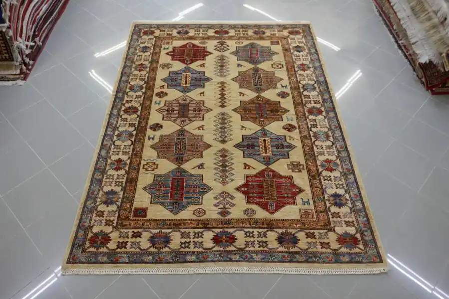 Tappeto Salotto/Sala Uzbek Kazak Extra Fondo Chiaro 234×185-N.14748