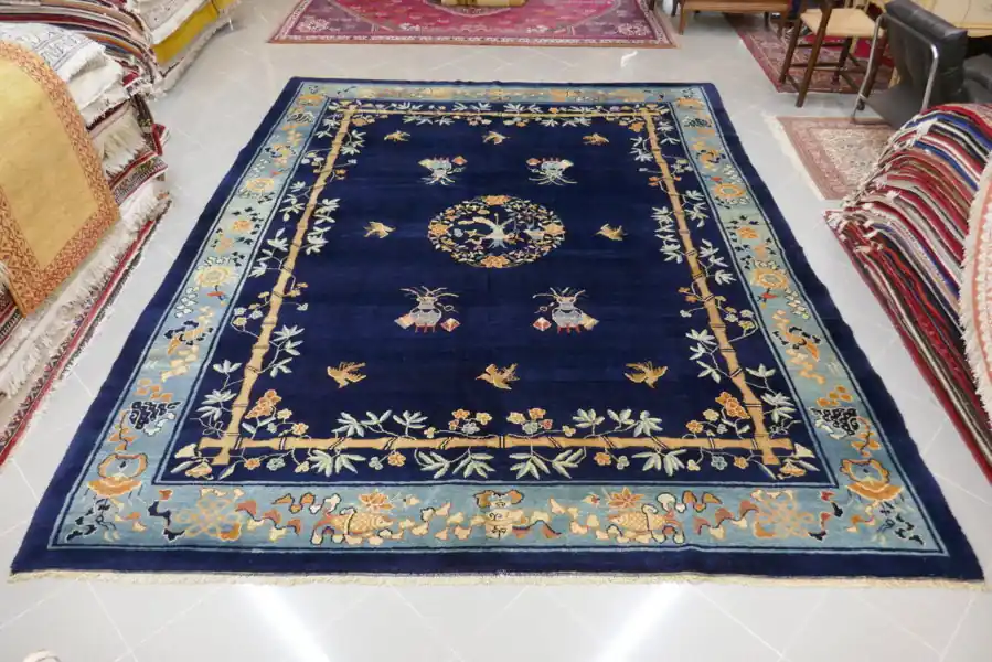 Antico Tappeto Pechino Déco Cina Fondo Blu 353×278-N.14543