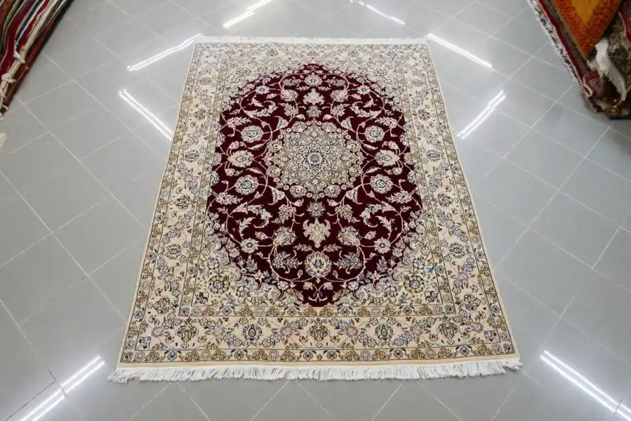Tappeto Nain 9 Fili Misto Seta Fondo Bordeaux Da Sala 204×149-N.14433