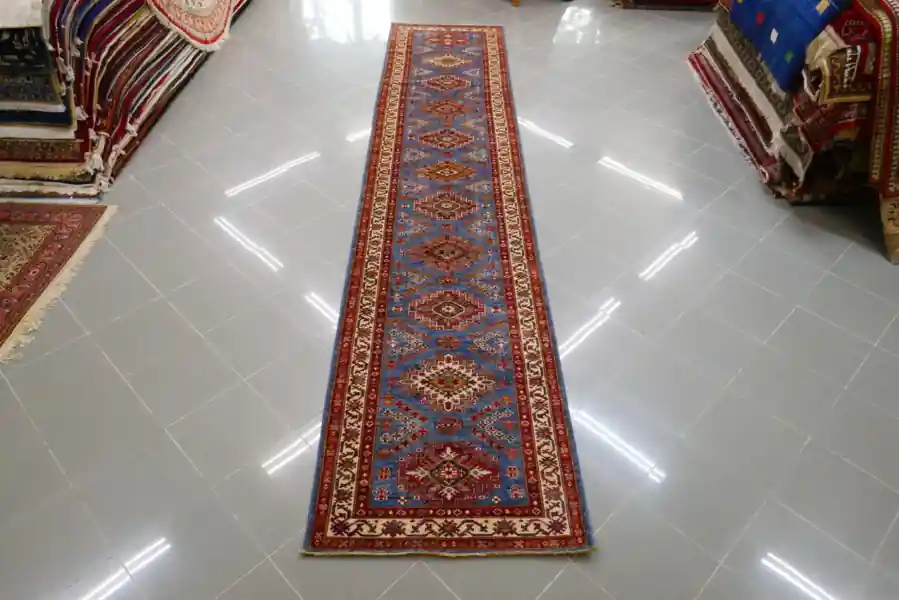 Passatoia Lunga Uzbek Kazak Extra Fondo Azzurro 401×81-N.14426