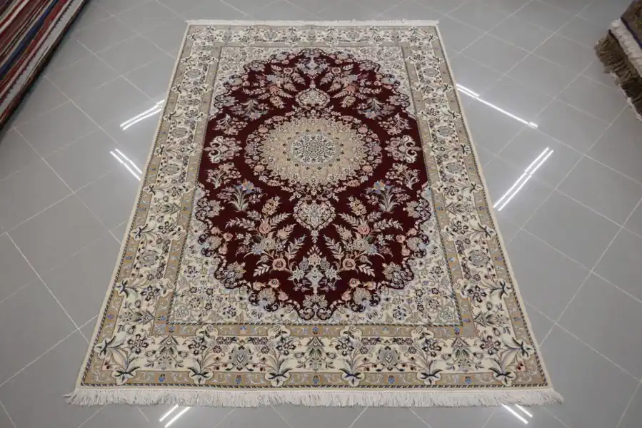 Tappeto Nain 6 Fili Extra Misto Seta Fondo Bordeaux Da Sala 223X156-N.14051