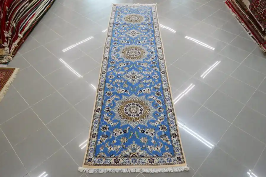 Passatoia Persiana Nain 9 Fili Fondo Azzurro 297×81-N.14376
