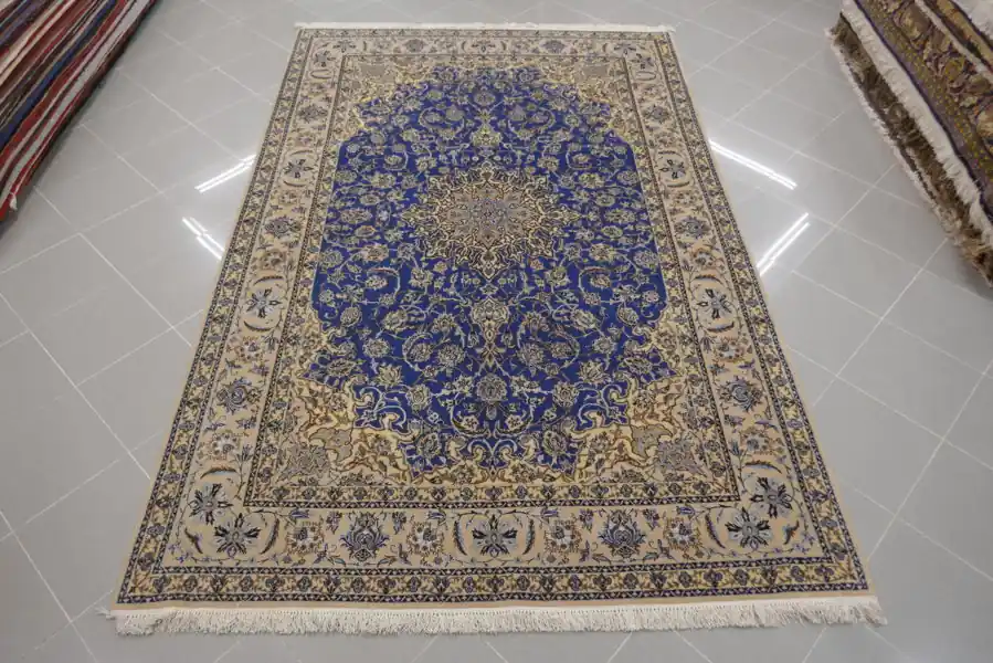 Tappeto Nain 9 Fili Extra Misto Seta Fondo Azzurro Da Sala 267X172-N.14039