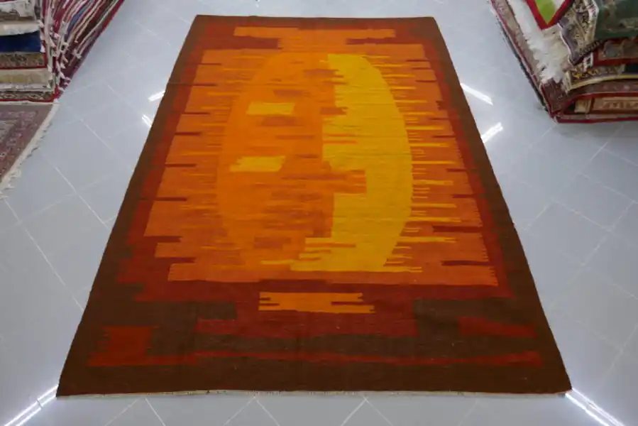 Kilim Polacco Vintage Fondo Color Arancio Giallo 308×203-N.14274