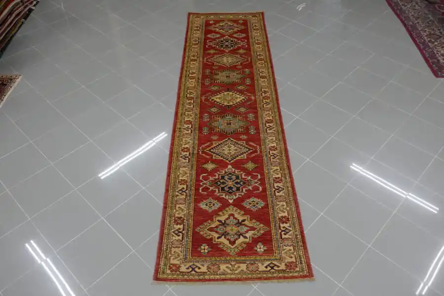 Passatoia Uzbek Kazak Extra Fondo Rosso 293×81-N.12803
