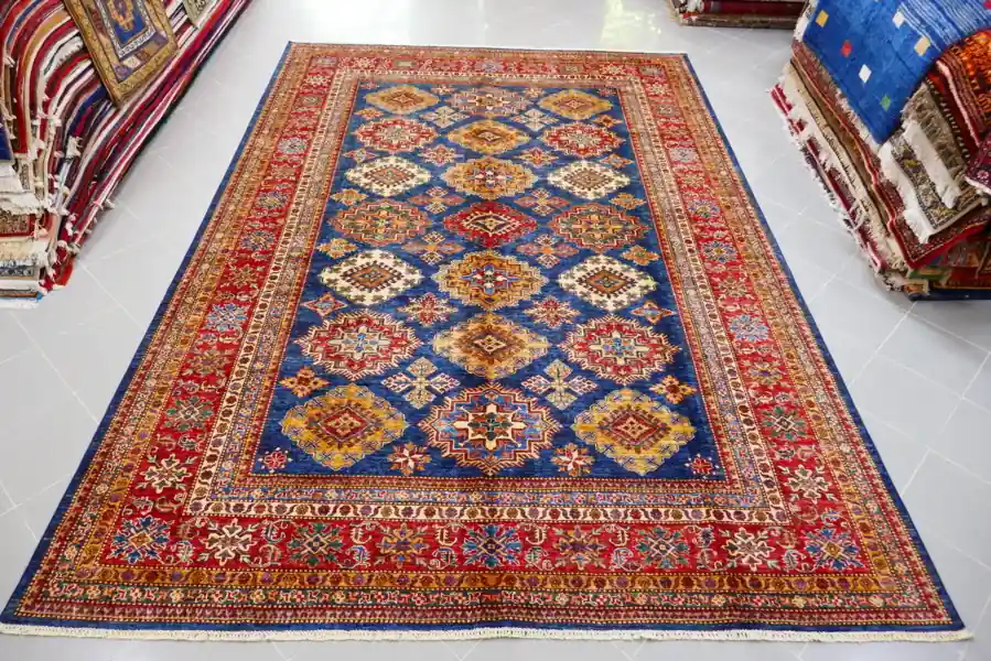 Grande Tappeto Salotto/Sala Uzbek Kazak Extra Fondo Blu 353×246-N.14309