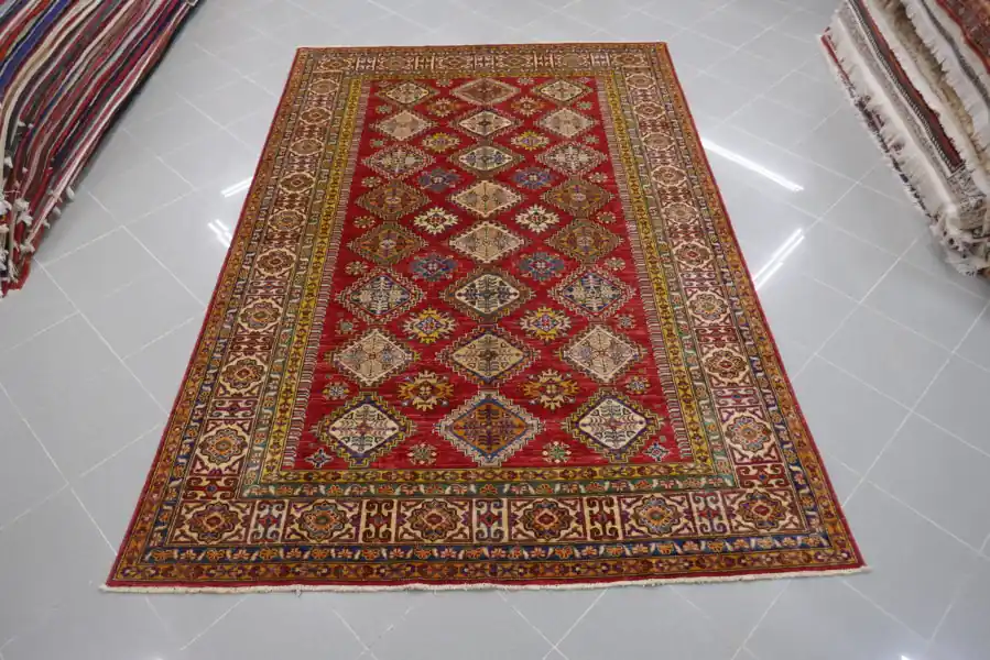 Tappeto Salotto Uzbek Kazak Extra Fondo Rosso 270×181-N.14240