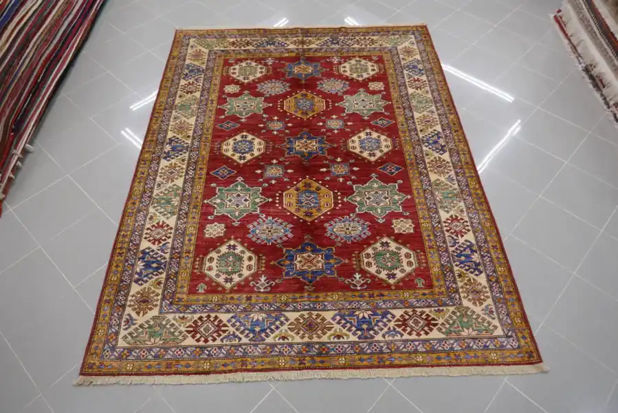 Tappeto Salotto Uzbek Kazak Extra Fondo Rosso 230×175-N.14238
