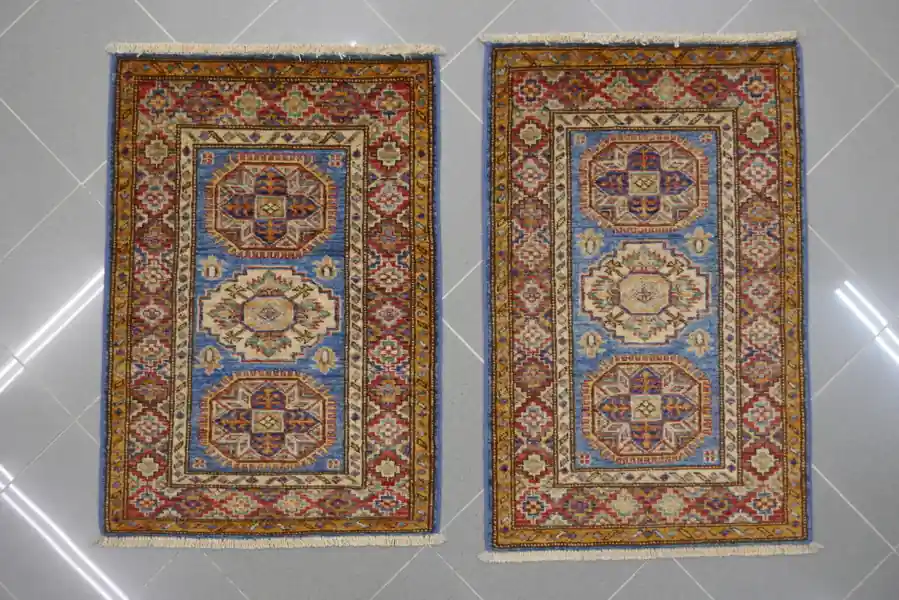 Scendiletti Uzbek Kazak Extra Fondo Azzurro 88×62-93×61 N.12514-12515