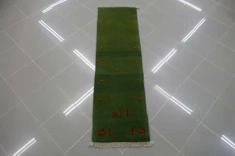 Tappeto Fondoletto Scendiletto Persiano Gabbeh Gashgai Fondo Verde 156×46-N.14057