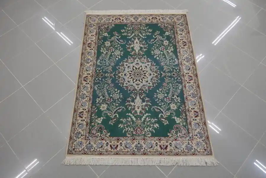 Tappeto Nain 6 Fili Misto Seta, Extrafine Fondo Verde 131×98-N.14045