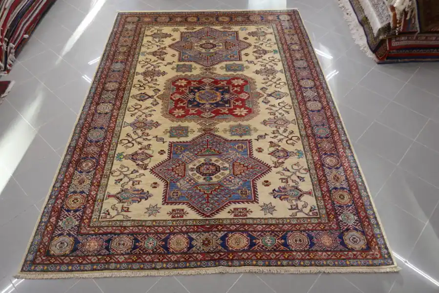 Tappeto Salotto Uzbek Kazak Extra Fondo Avorio 300×201-N.13932