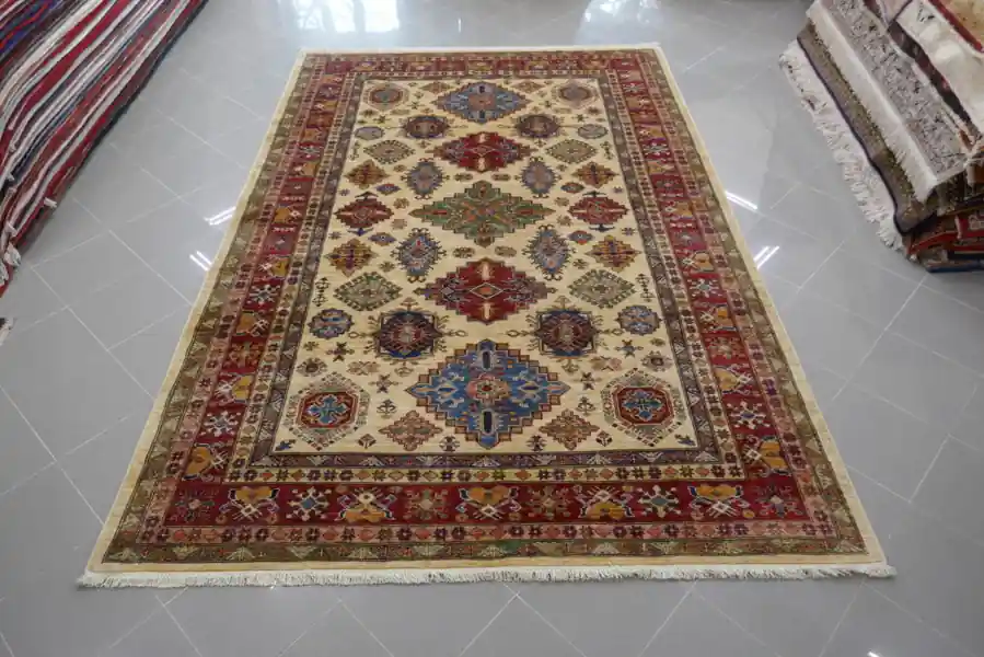 Tappeto Salotto Uzbek Kazak Extra Fondo Avorio 295×197-N.13947