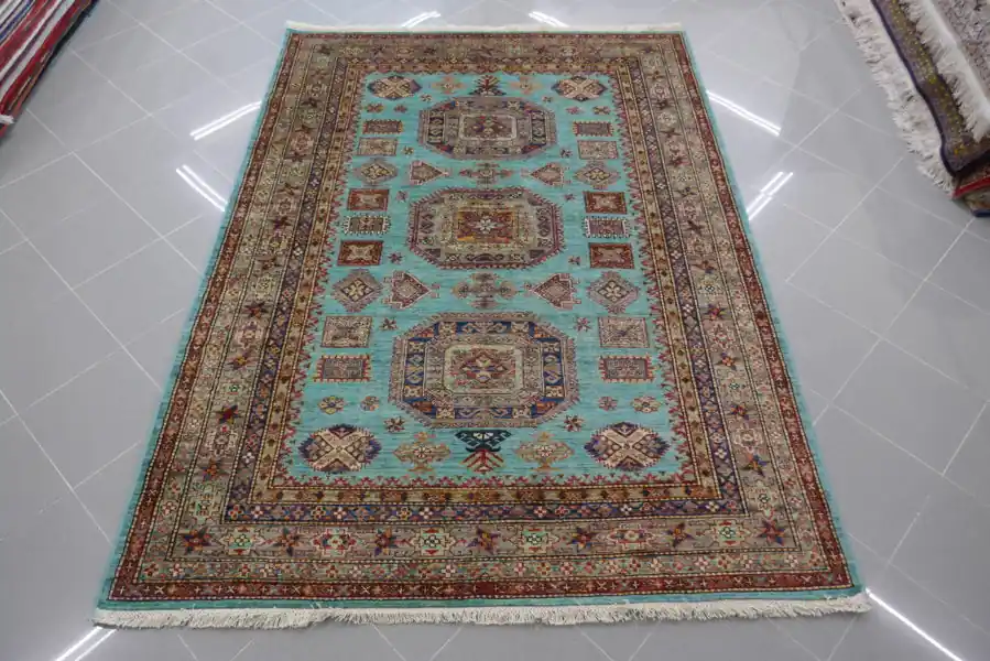 Tappeto Salotto Uzbek Kazak Extra Fondo Turchese 234×169-N.13953