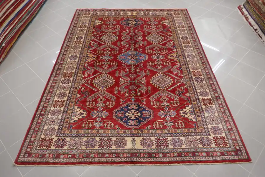 Tappeto Salotto Uzbek Kazak Extra Fondo Rosso 254×184-N.13678