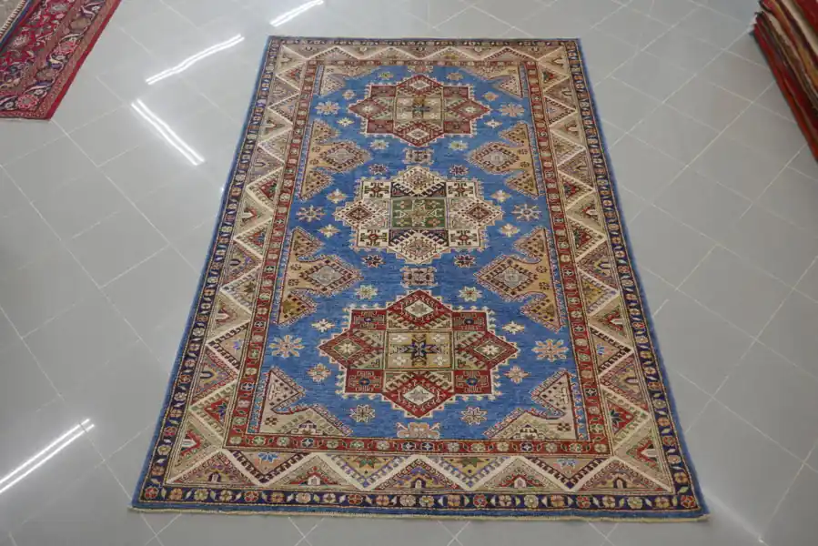 Tappeto Salotto Uzbek Kazak Extra Fondo Azzurro 240×164-N.13191