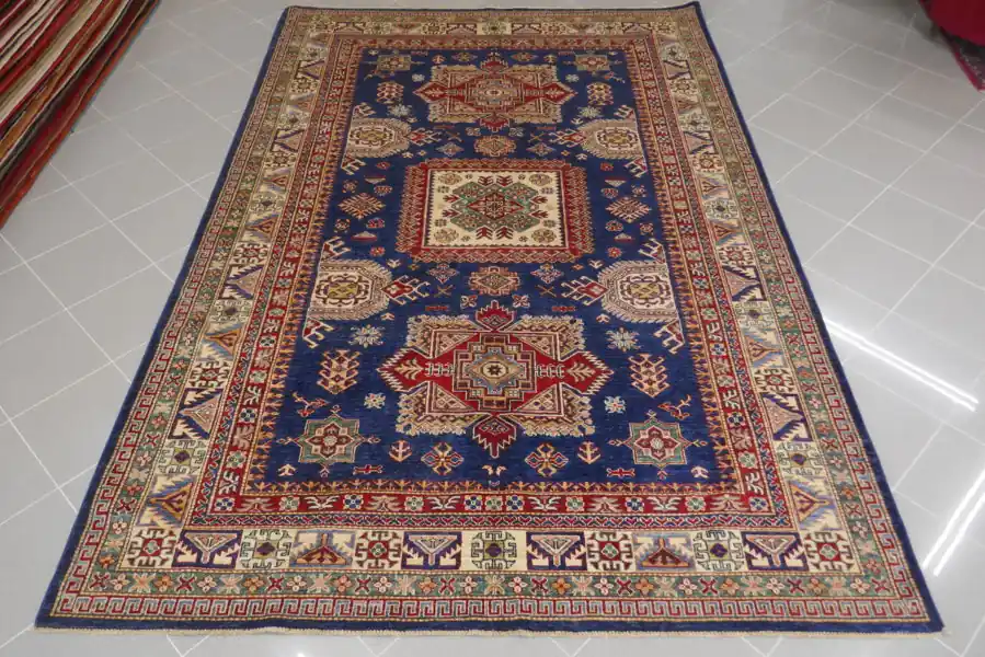 Tappeto Salotto Uzbek Kazak Extra Fondo Blu 306×202-N.13182