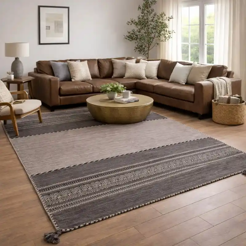 KILIM OLD - Tappeto Artigianale Annodato a mano con frange - Ciniglia & Cotone - Beige