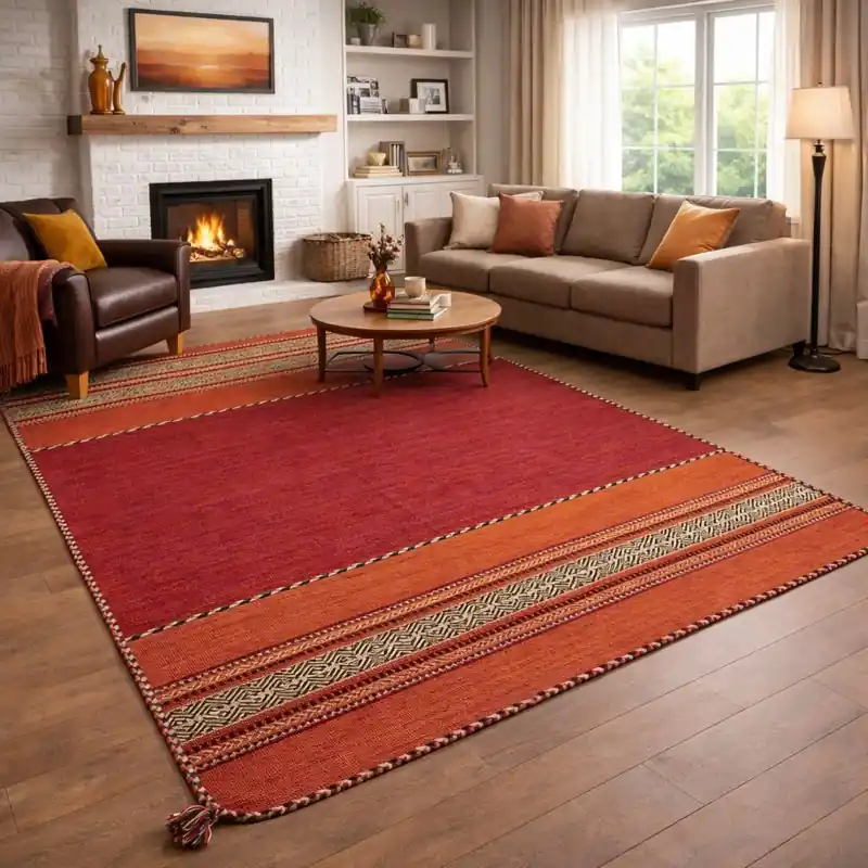 KILIM OLD - Tappeto Artigianale Annodato a mano con frange - Ciniglia & Cotone - Rosso