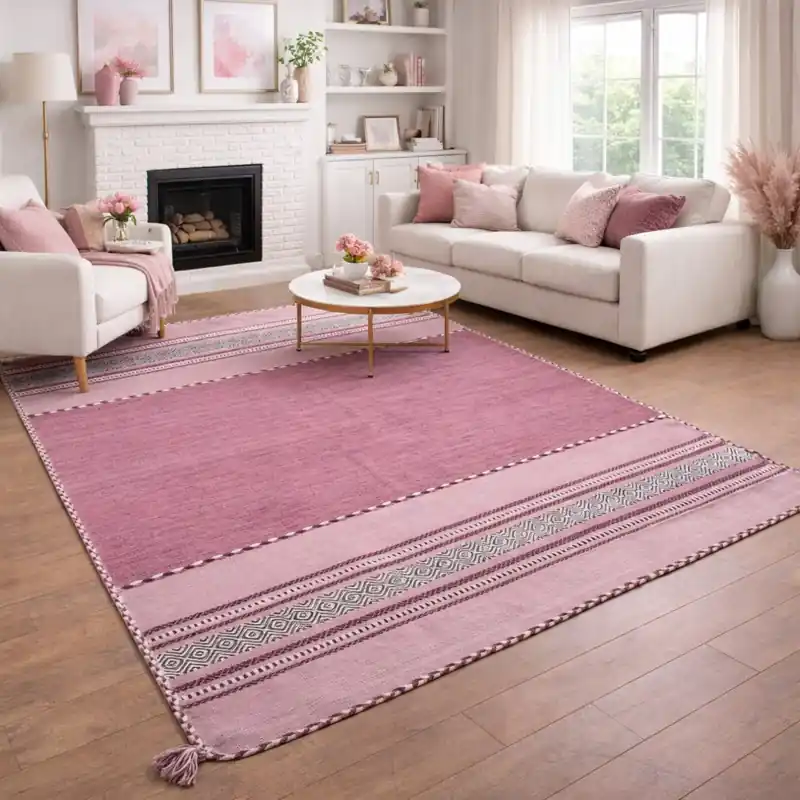 KILIM OLD - Tappeto Artigianale Annodato a mano con frange - Ciniglia & Cotone - Rosa