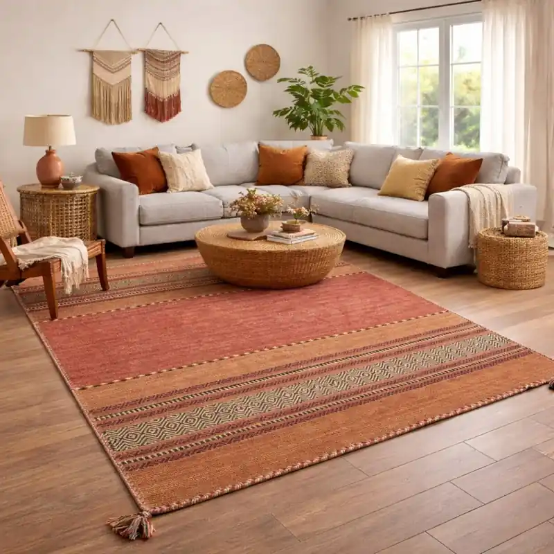 KILIM OLD - Tappeto Artigianale Annodato a mano con frange - Ciniglia & Cotone - Arancione