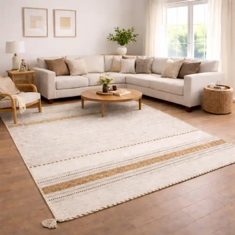 KILIM OLD - Tappeto Artigianale Annodato a mano con frange - Ciniglia & Cotone - Ocra