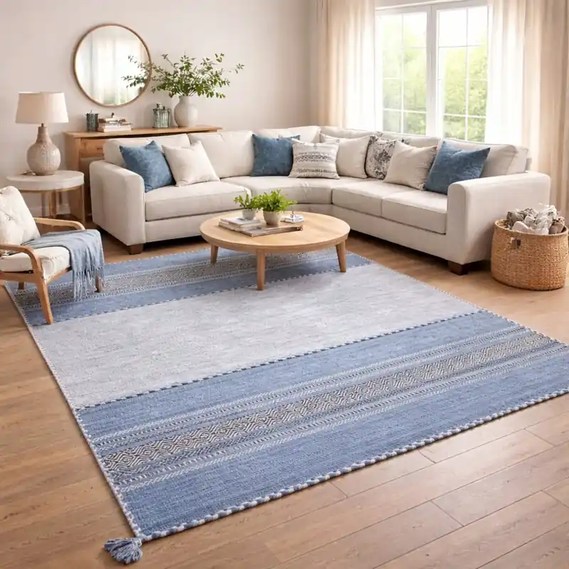 KILIM OLD - Tappeto Artigianale Annodato a mano con frange - Ciniglia & Cotone - Azzurro