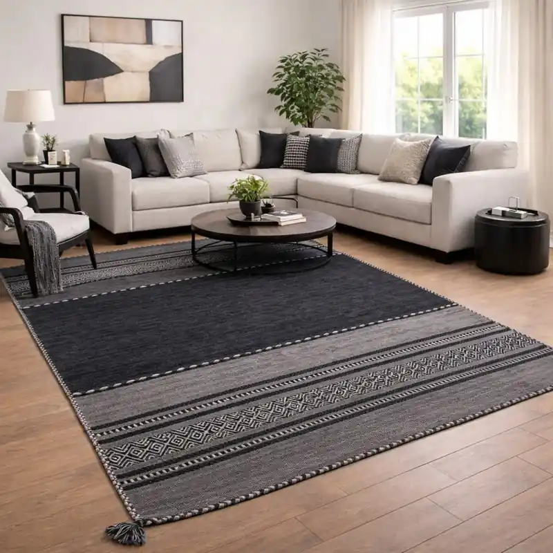 KILIM OLD - Tappeto Artigianale Annodato a mano con frange - Ciniglia & Cotone - Grigio
